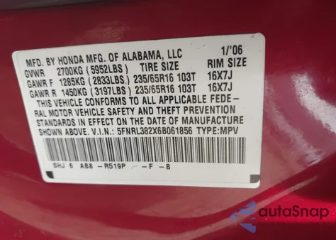 2006 Honda Odyssey Lx z USA, uszkodzony, nr VIN 5FNRL382X6B061856